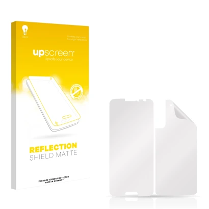 Vorderseite einer Produktverpackung mit dem Markenlogo upscreen. Daneben ist der zugehörige Displayschutz.