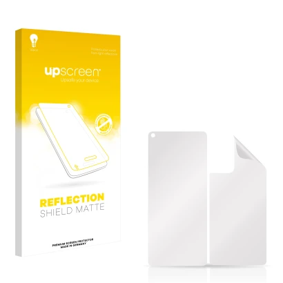 Vorderseite einer Produktverpackung mit dem Markenlogo upscreen. Daneben ist der zugehörige Displayschutz.