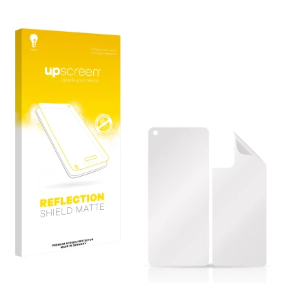 Vorderseite einer Produktverpackung mit dem Markenlogo upscreen. Daneben ist der zugehörige Displayschutz.