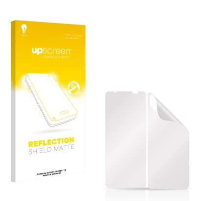 Vorderseite einer Produktverpackung mit dem Markenlogo upscreen. Daneben ist der zugehörige Displayschutz.