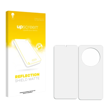 Vorderseite einer Produktverpackung mit dem Markenlogo upscreen. Daneben ist der zugehörige Displayschutz.