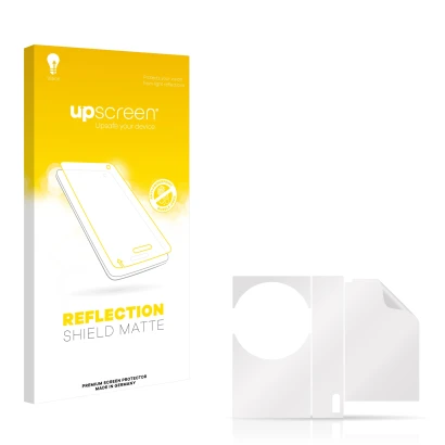Vorderseite einer Produktverpackung mit dem Markenlogo upscreen. Daneben ist der zugehörige Displayschutz.