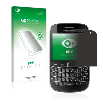 Vorderseite einer Produktverpackung mit dem Markenlogo upscreen. Daneben ist das Gerät RIM BlackBerry Bold Touch 9900 mit dem