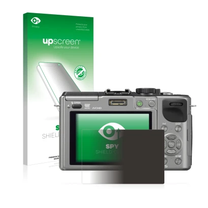 Vorderseite einer Produktverpackung mit dem Markenlogo upscreen. Daneben ist das Gerät Panasonic Lumix DMC-GX1 mit dem zugehör