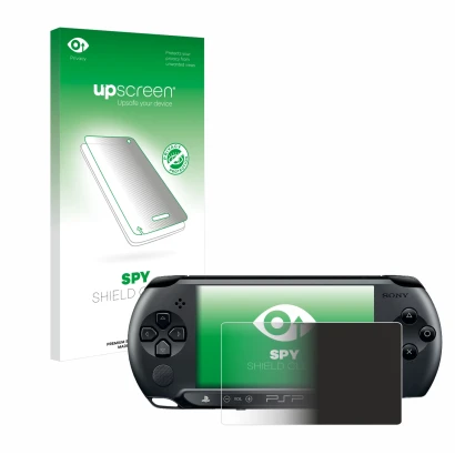 Vorderseite einer Produktverpackung mit dem Markenlogo upscreen. Daneben ist das Gerät Sony PSP 1004 mit dem zugehörigen Displ