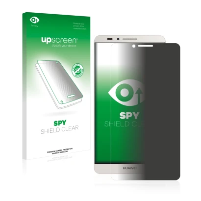 Vorderseite einer Produktverpackung mit dem Markenlogo upscreen. Daneben ist das Gerät Huawei Ascend Mate 7 mit dem zugehörige