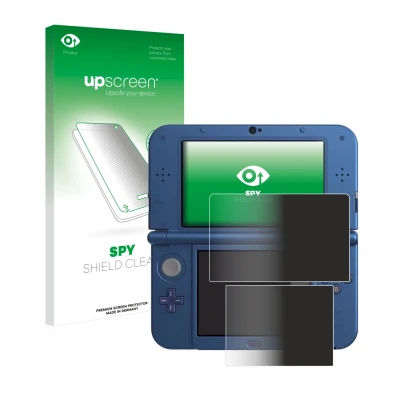 Vorderseite einer Produktverpackung mit dem Markenlogo upscreen. Daneben ist das Gerät Nintendo New 3DS XL mit dem zugehörigen