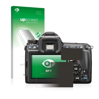 Vorderseite einer Produktverpackung mit dem Markenlogo upscreen. Daneben ist das Gerät Pentax K-3 II mit dem zugehörigen Displ
