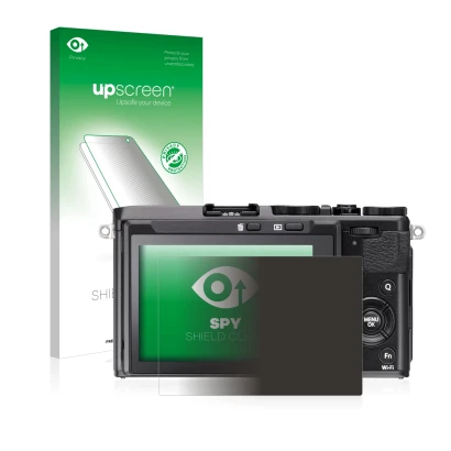 Vorderseite einer Produktverpackung mit dem Markenlogo upscreen. Daneben ist das Gerät Fujifilm FinePix X70 mit dem zugehörige
