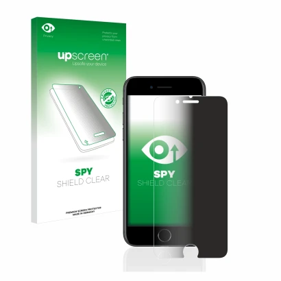 Vorderseite einer Produktverpackung mit dem Markenlogo upscreen. Daneben ist das Gerät Apple iPhone 7 mit dem zugehörigen Disp