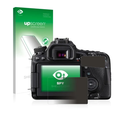 Vorderseite einer Produktverpackung mit dem Markenlogo upscreen. Daneben ist das Gerät Canon EOS 80D mit dem zugehörigen Displ