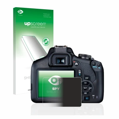 Vorderseite einer Produktverpackung mit dem Markenlogo upscreen. Daneben ist das Gerät Canon EOS 2000D mit dem zugehörigen Dis