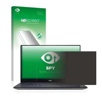 Vorderseite einer Produktverpackung mit dem Markenlogo upscreen. Daneben ist das Gerät Dell XPS 15 9560 mit dem zugehörigen Di
