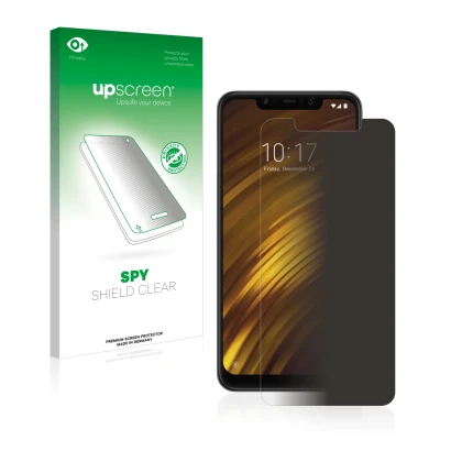 Vorderseite einer Produktverpackung mit dem Markenlogo upscreen. Daneben ist das Gerät Xiaomi Pocophone F1 mit dem zugehörigen