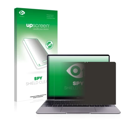 Vorderseite einer Produktverpackung mit dem Markenlogo upscreen. Daneben ist das Gerät Huawei MateBook 13 2019 mit dem zugehör