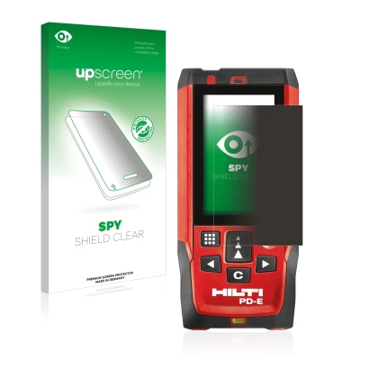 Vorderseite einer Produktverpackung mit dem Markenlogo upscreen. Daneben ist das Gerät Hilti PD-E mit dem zugehörigen Displays