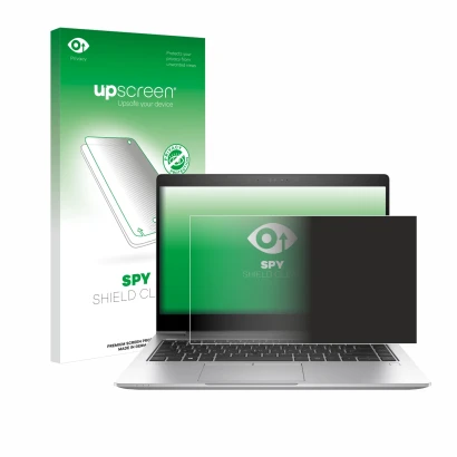 Vorderseite einer Produktverpackung mit dem Markenlogo upscreen. Daneben ist das Gerät HP EliteBook 840 G6 mit dem zugehörigen