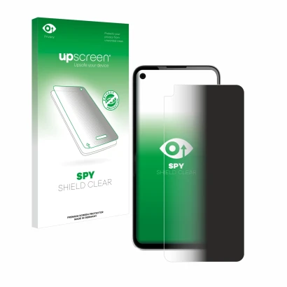 Vorderseite einer Produktverpackung mit dem Markenlogo upscreen. Daneben ist das Gerät Google Pixel 4a mit dem zugehörigen Dis