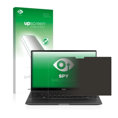 Vorderseite einer Produktverpackung mit dem Markenlogo upscreen. Daneben ist das Gerät ASUS ZenBook Flip 14 UX463FA mit dem zu