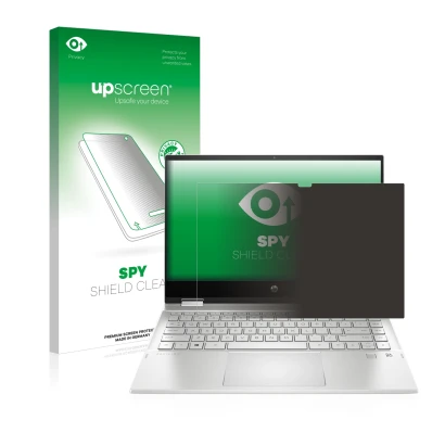Vorderseite einer Produktverpackung mit dem Markenlogo upscreen. Daneben ist das Gerät HP Pavilion x360 (14-dwX) mit dem zugeh