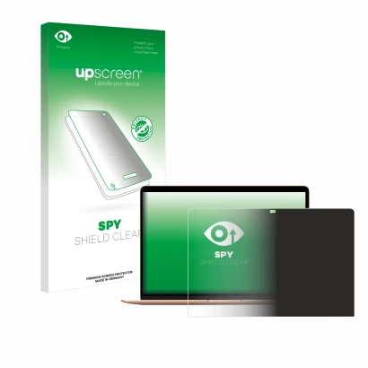 Vorderseite einer Produktverpackung mit dem Markenlogo upscreen. Daneben ist das Gerät Apple MacBook Air M1 2020 mit dem zugeh