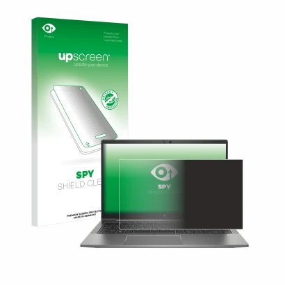 Vorderseite einer Produktverpackung mit dem Markenlogo upscreen. Daneben ist das Gerät HP ZBook Firefly 14 G8 mit dem zugehöri