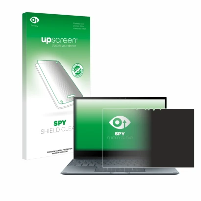 Vorderseite einer Produktverpackung mit dem Markenlogo upscreen. Daneben ist das Gerät ASUS ZenBook Flip 13 UX363EA mit dem zu