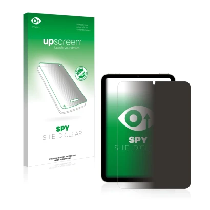 Vorderseite einer Produktverpackung mit dem Markenlogo upscreen. Daneben ist das Gerät Apple iPad Mini 6 2021 mit dem zugehöri