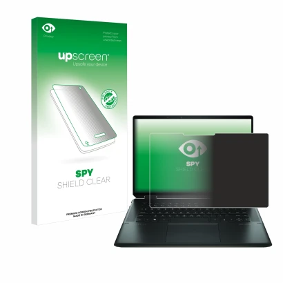 Vorderseite einer Produktverpackung mit dem Markenlogo upscreen. Daneben ist das Gerät HP Spectre x360 16" 2-in-1 2021 mit dem