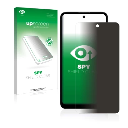 Vorderseite einer Produktverpackung mit dem Markenlogo upscreen. Daneben ist das Gerät Motorola Moto E40 mit dem zugehörigen D