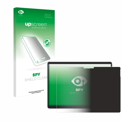 Vorderseite einer Produktverpackung mit dem Markenlogo upscreen. Daneben ist das Gerät Microsoft Surface Pro 8 (2021) mit dem 