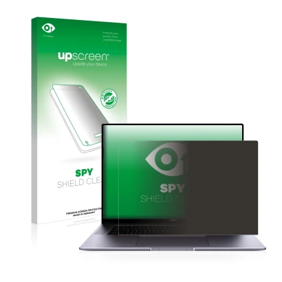 Vorderseite einer Produktverpackung mit dem Markenlogo upscreen. Daneben ist das Gerät Huawei MateBook 16 mit dem zugehörigen 