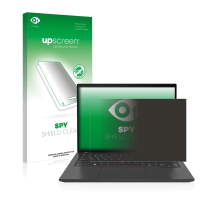 Vorderseite einer Produktverpackung mit dem Markenlogo upscreen. Daneben ist das Gerät Lenovo ThinkPad T14 Gen 3 mit dem zugeh