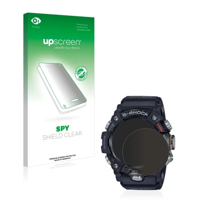 Vorderseite einer Produktverpackung mit dem Markenlogo upscreen. Daneben ist das Gerät Casio G-Shock Mudmaster GG-B100-1AER mi