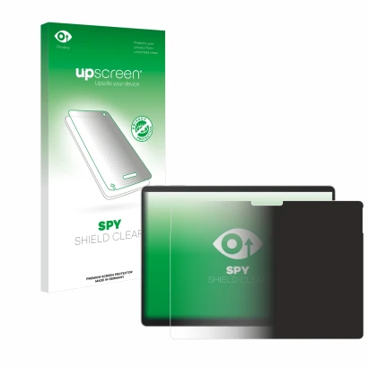 Vorderseite einer Produktverpackung mit dem Markenlogo upscreen. Daneben ist das Gerät Microsoft Surface Pro 9 mit dem zugehör