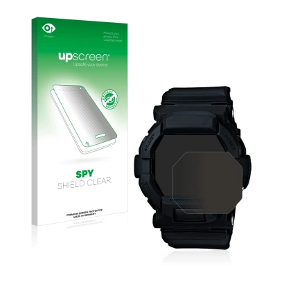 Vorderseite einer Produktverpackung mit dem Markenlogo upscreen. Daneben ist das Gerät Casio G-Shock GD350 mit dem zugehörigen