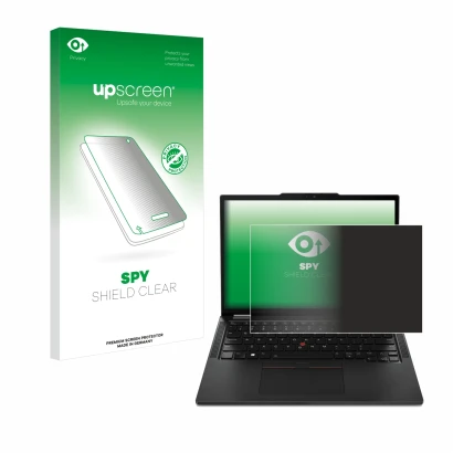 Vorderseite einer Produktverpackung mit dem Markenlogo upscreen. Daneben ist das Gerät Lenovo ThinkPad X13 Gen 4 mit dem zugeh