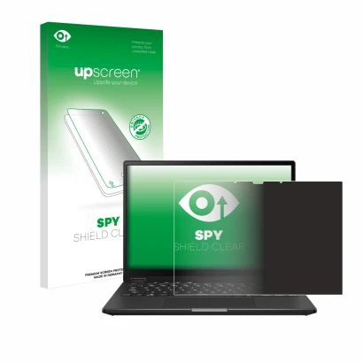 Vorderseite einer Produktverpackung mit dem Markenlogo upscreen. Daneben ist das Gerät ASUS ROG Flow X13 2023 mit dem zugehöri