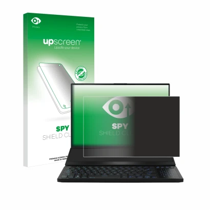 Vorderseite einer Produktverpackung mit dem Markenlogo upscreen. Daneben ist das Gerät ASUS ROG Zephyrus Duo 16 2023 mit dem z