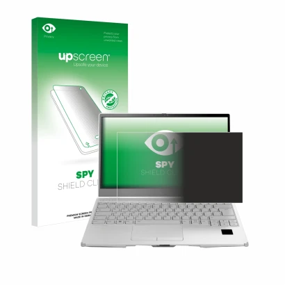 Vorderseite einer Produktverpackung mit dem Markenlogo upscreen. Daneben ist das Gerät Fujitsu Lifebook U9313X mit dem zugehör