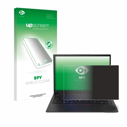 Vorderseite einer Produktverpackung mit dem Markenlogo upscreen. Daneben ist das Gerät Lenovo ThinkPad X1 Carbon 14