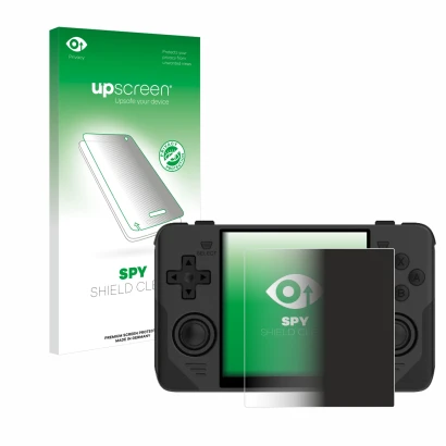 Vorderseite einer Produktverpackung mit dem Markenlogo upscreen. Daneben ist das Gerät Powkiddy RGB30 mit dem zugehörigen Disp