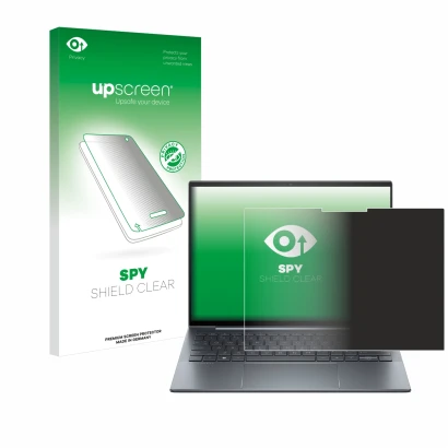 Vorderseite einer Produktverpackung mit dem Markenlogo upscreen. Daneben ist das Gerät HP Dragonfly G4 Non-Touch mit dem zugeh