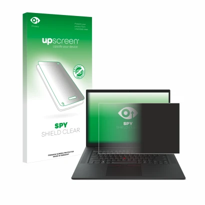 Vorderseite einer Produktverpackung mit dem Markenlogo upscreen. Daneben ist das Gerät Lenovo ThinkPad P1 Gen 6 16" mit dem zu