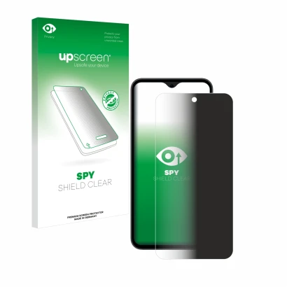 Vorderseite einer Produktverpackung mit dem Markenlogo upscreen. Daneben ist das Gerät Samsung Galaxy A35 5G mit dem zugehörig