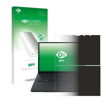 Vorderseite einer Produktverpackung mit dem Markenlogo upscreen. Daneben ist das Gerät ASUS ZenBook Duo OLED 2024 UX8406 mit d