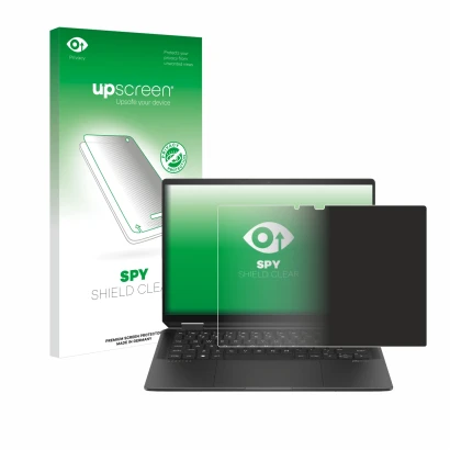 Vorderseite einer Produktverpackung mit dem Markenlogo upscreen. Daneben ist das Gerät HP Spectre x360 (14-e) 2024 mit dem zug