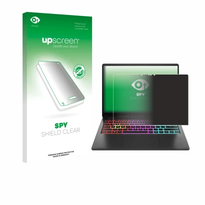 Vorderseite einer Produktverpackung mit dem Markenlogo upscreen. Daneben ist das Gerät HP Omen Transcend 14 mit dem zugehörige