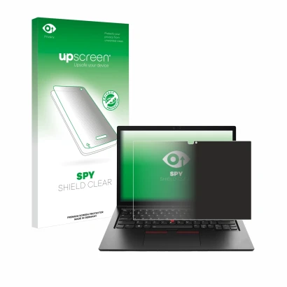 Vorderseite einer Produktverpackung mit dem Markenlogo upscreen. Daneben ist das Gerät Lenovo ThinkPad L13 2-in-1 Gen 5 mit de