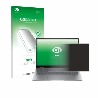 Vorderseite einer Produktverpackung mit dem Markenlogo upscreen. Daneben ist das Gerät HP Envy x360 14 2-in-1 mit dem zugehöri